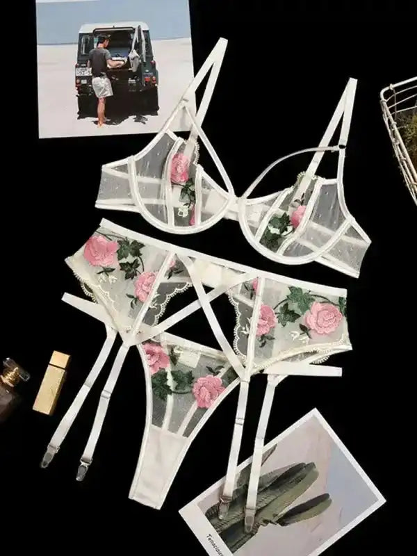 White Say My Name - Mesh 3-Pieces Garter Lingerie Set with pink floral embroidery, sheer mesh bra, garter belt, and thong from FashionFitz.