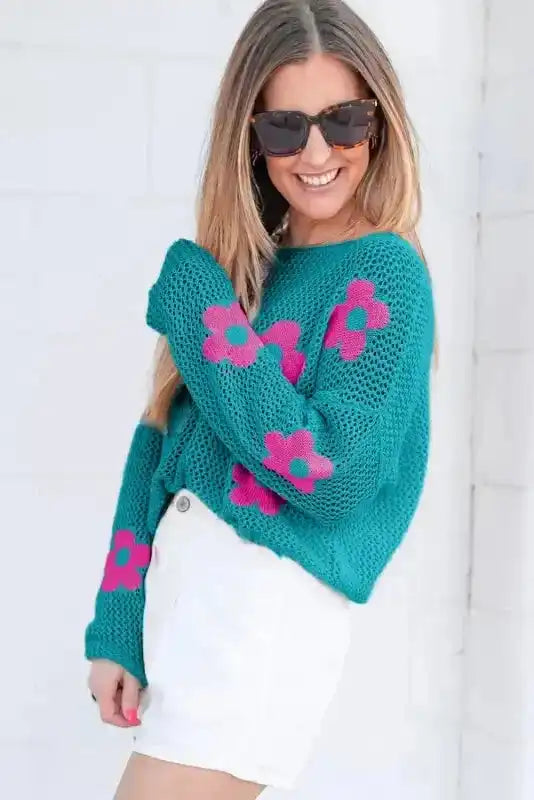 Sea green floral hollowed knit sweater back view — Fashionfitz UK
