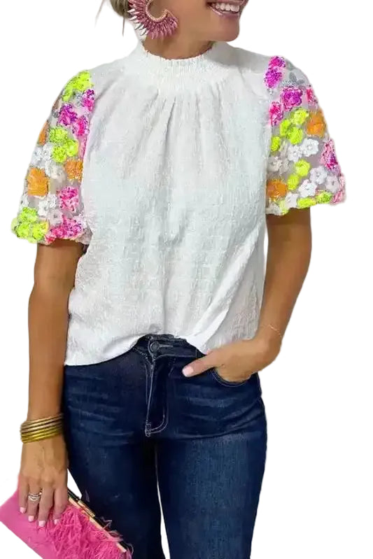 Sequin Flower Puff Sleeve Top - Fashionfitz
