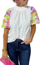 Sequin Flower Crinkle Smocked Collar Puff Sleeve Top Women UK in white — front view showing sequin embellishments and puff sleeves — Fashionfitz