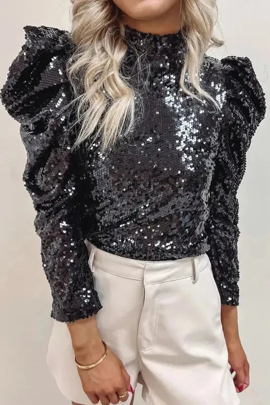 Sequin Mock Neck Bubble Sleeve Top - Fashionfitz