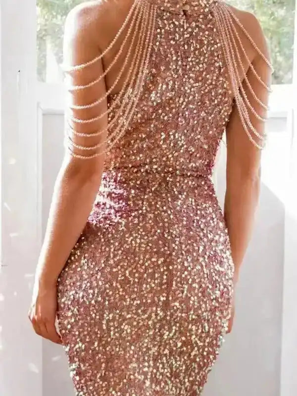 Sequined Chain Beads Bodycon Party Dress - Fashionfitz