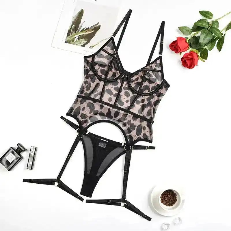 Sheer Mesh Leopard Print Sexy Bustier Set - Fashionfitz