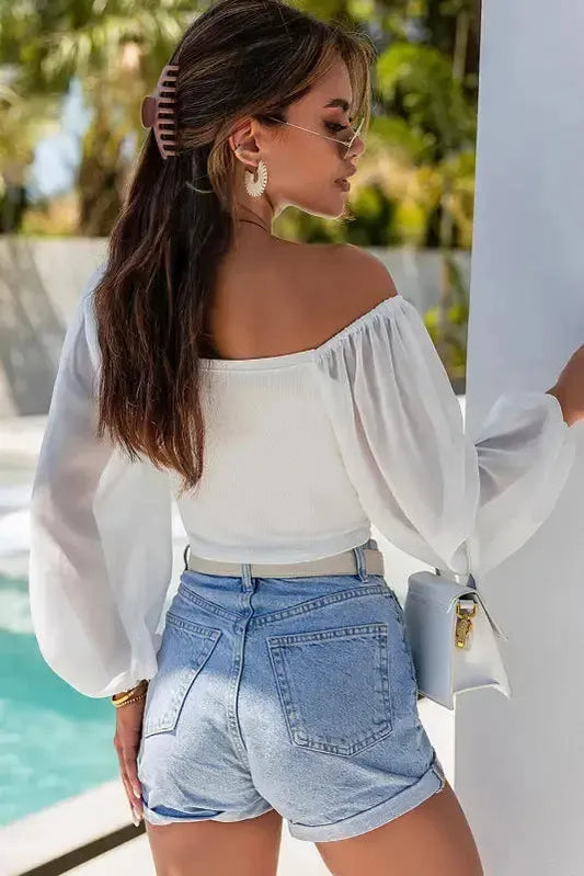 Sheer Puff Sleeve Crop Top - White - Fashionfitz