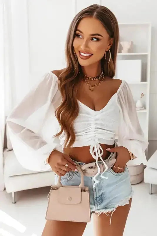 Sheer Puff Sleeve Crop Top - White - Fashionfitz
