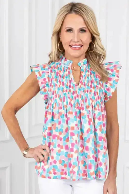Shirred Blouse - Yoke Ruffled Abstract Print - Fashionfitz