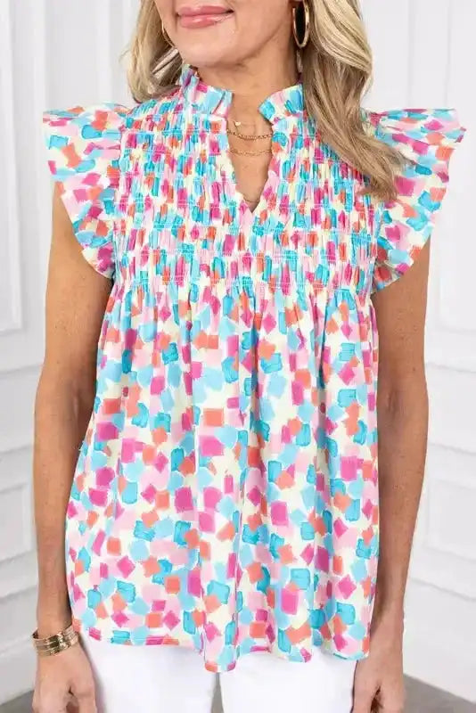 Shirred Blouse - Yoke Ruffled Abstract Print - Fashionfitz