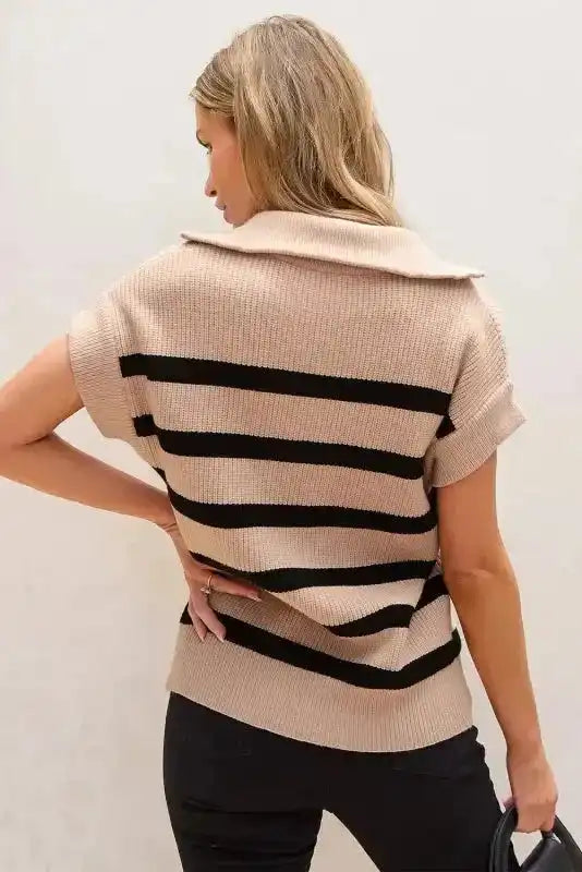 Short Sleeve Sweater - Khaki Stripe Zipped Collar - Fashionfitz