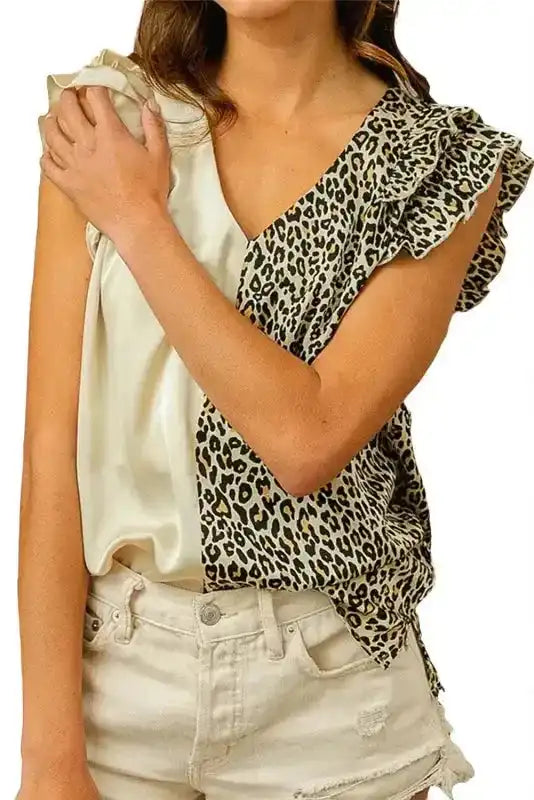 Silky Ruffle Sleeve Blouse- Leopard Print - Fashionfitz