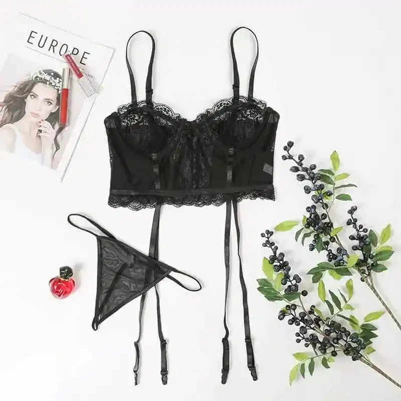 Simple Lace Hollow Out Sexy Lingerie Set - Fashionfitz