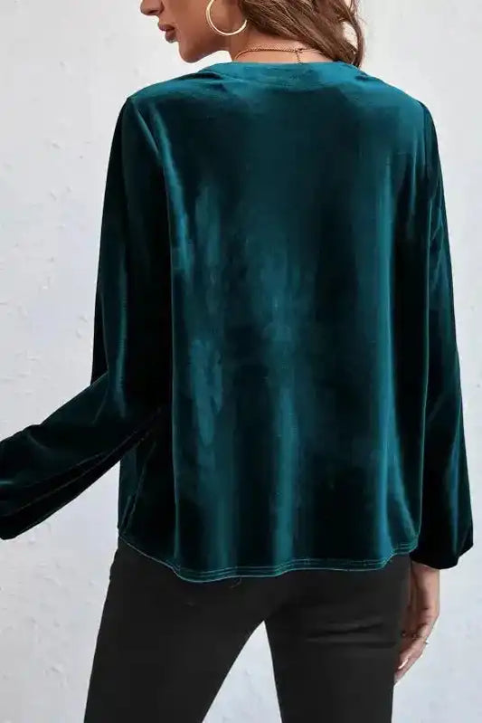 Back view of Skobeloff beaded velvet blouse showing soft, smooth texture and relaxed fit for daily wear.