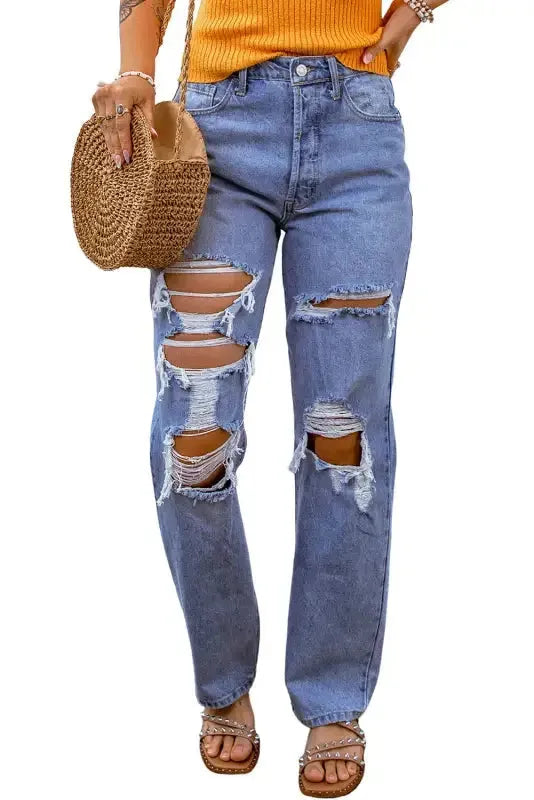 Sky Blue Distressed Boyfriend Jeans - Fashionfitz