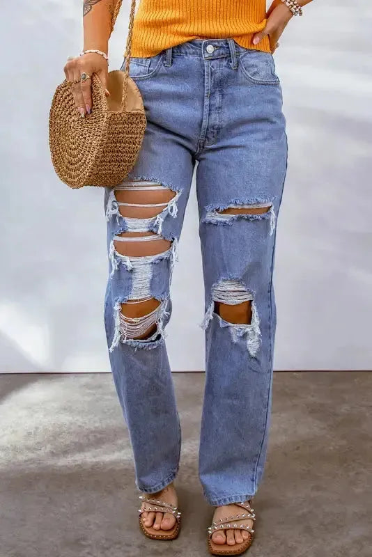 Sky Blue Distressed Boyfriend Jeans - Fashionfitz