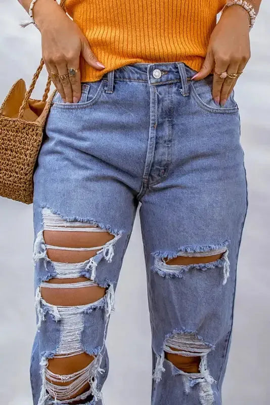 Sky Blue Distressed Boyfriend Jeans - Fashionfitz