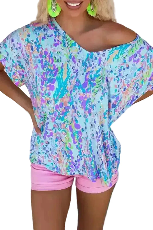 Sky Blue Loose Painted Floral Tee - Fashionfitz