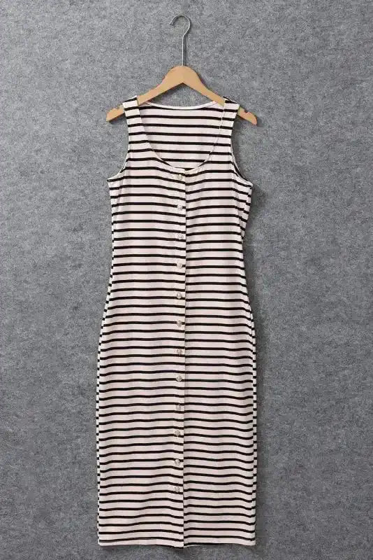 Slim Maxi Dress - White Striped Sleeveless Buttoned - Fashionfitz