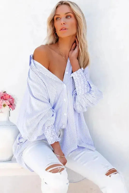 Smocked Cuff Striped Boyfriend Shirt - Fashionfitz