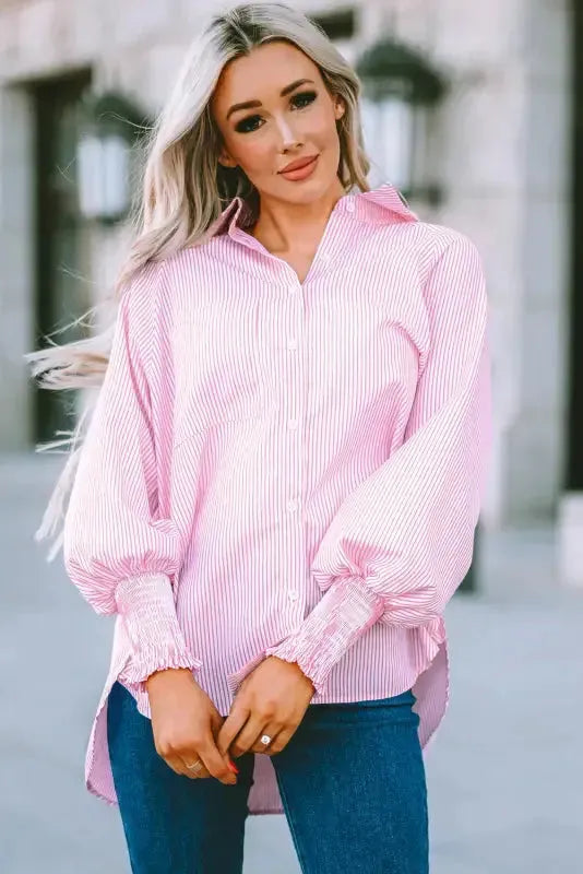 Smocked Cuff Striped Boyfriend Shirt - Fashionfitz