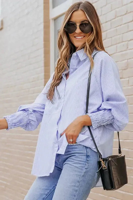 Smocked Cuff Striped Boyfriend Shirt - Fashionfitz