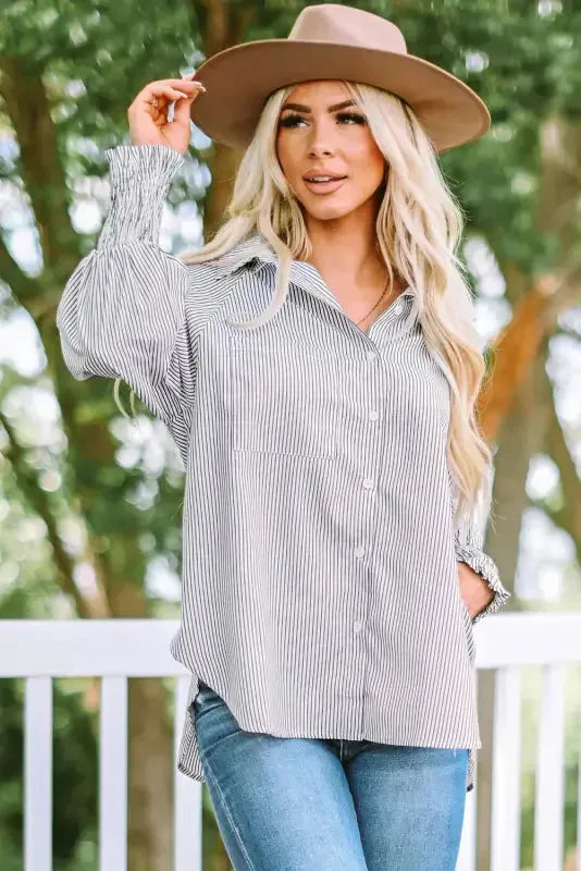 Smocked Cuff Striped Boyfriend Shirt - Fashionfitz