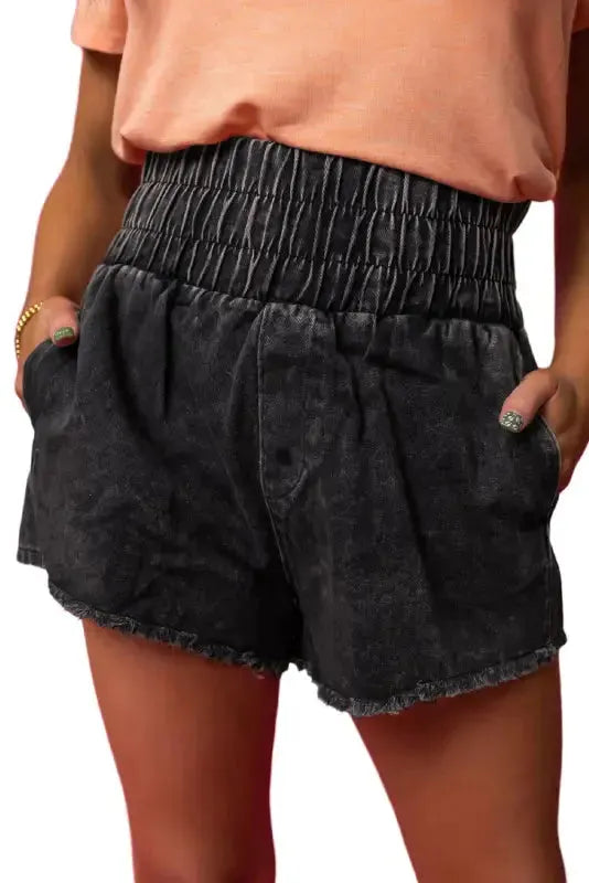 Smocked Waist Washed Denim Shorts - Fashionfitz