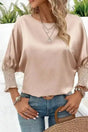 Smoke gray dolman sleeve satin blouse with shirred cuffs front view — Fashionfitz UK