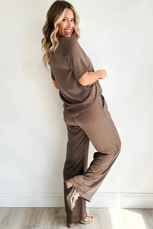 Smoke Gray Solid Color T Shirt 2pcs Wide Leg Pants Set - Fashionfitz