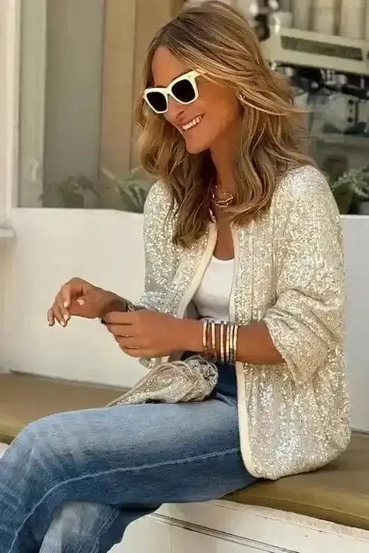 Sequin sparkle jacket back view — Fashionfitz UK