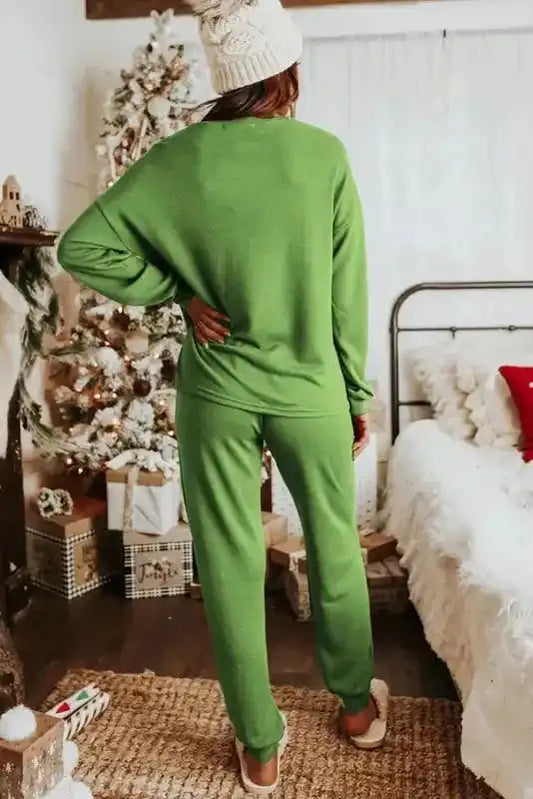 Back view of Spinach Green Jogger Pants Lounge Set showing relaxed fit and soft fabric, ideal for fall and winter loungewear.