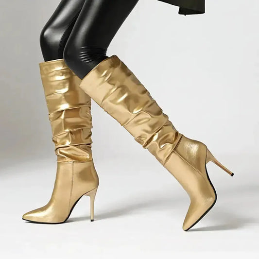 Spring And Autumn Stiletto Gold And Silver Boots - Fashionfitz