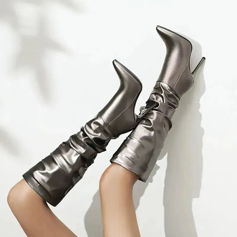 Spring And Autumn Stiletto Gold And Silver Boots - Fashionfitz