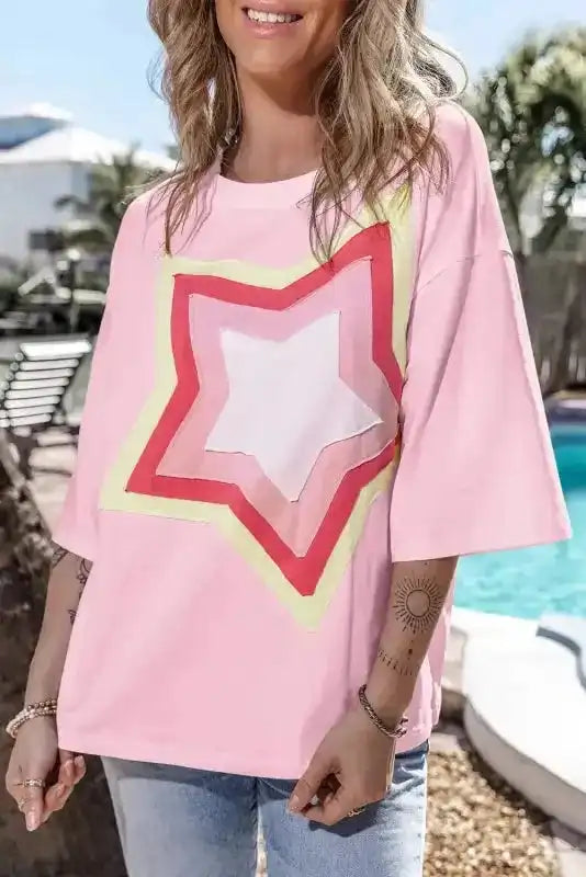 Star Patched Half Sleeve Oversized Tee - Fashionfitz