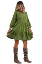 Stitch detail tiered v‑neck babydoll dress | fashionfitz®