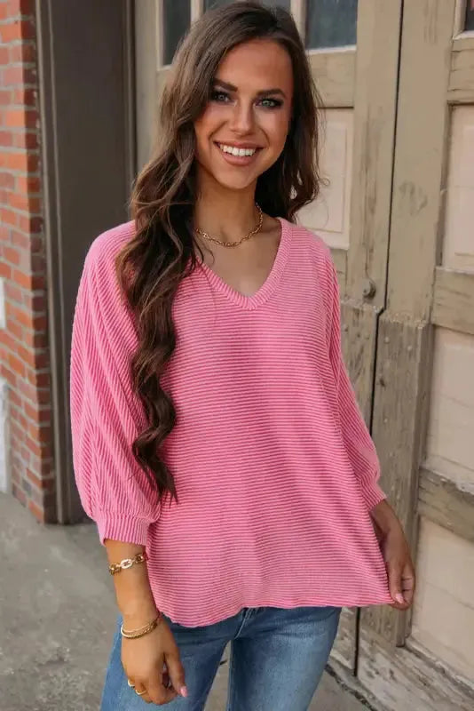 Strawberry Pink Striped Print Bracelet Sleeve V Neck Top - Fashionfitz