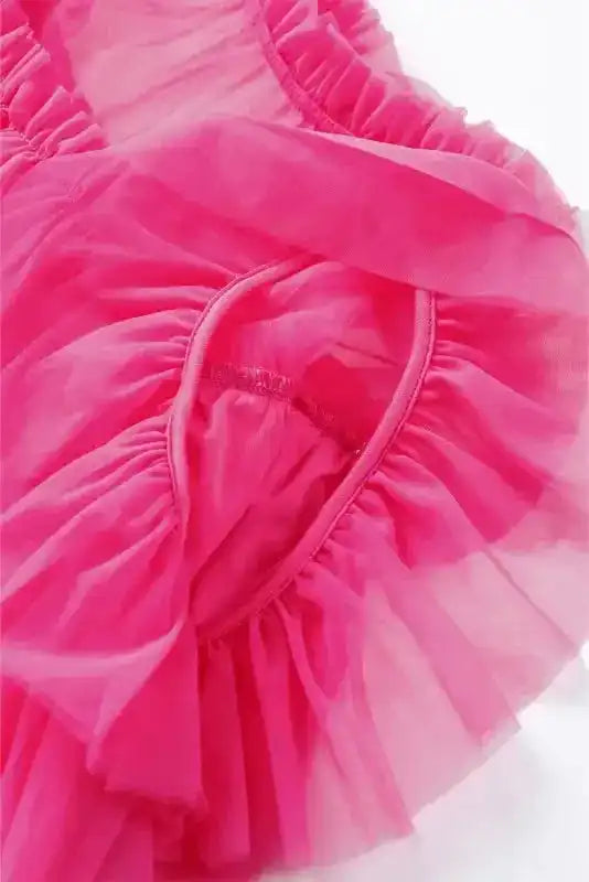 Strawberry Pink Tulle Ruffle Sleeve Flared Blouse - Fashionfitz