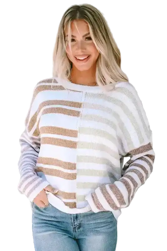 Effortless style neutral tone drop shoulder sweater featuring oversized fit and color block stripes, ideal for year-round wear.