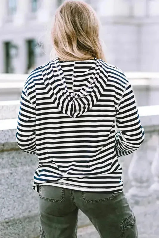 Stripe Kangaroo Pocket Drawstring Hoodie - Fashionfitz