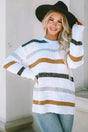 Woman wearing striped popcorn knit drop shoulder sweater front view Fashionfitz UK