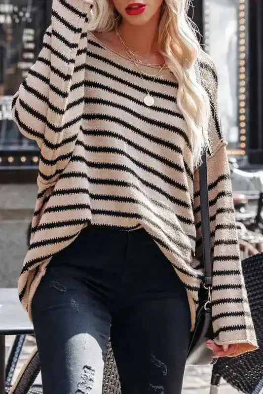 Striped Print Dropped Shoulder Loose Sleeve Sweater - Fashionfitz