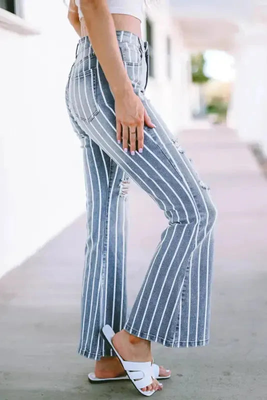 Striped Ripped Flare Jeans - Fashionfitz