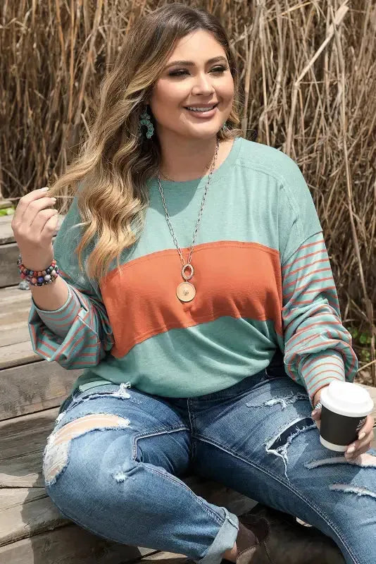 Striped Slouchy Tee - Green Plus Size - Fashionfitz