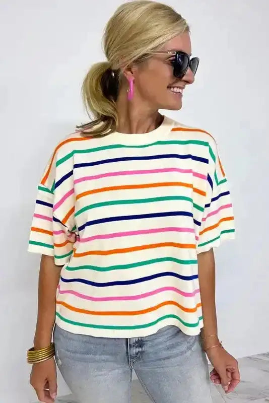 Summer Knit Top - Beige Stripe Dropped Short Sleeve Boxy Fit - Fashionfitz