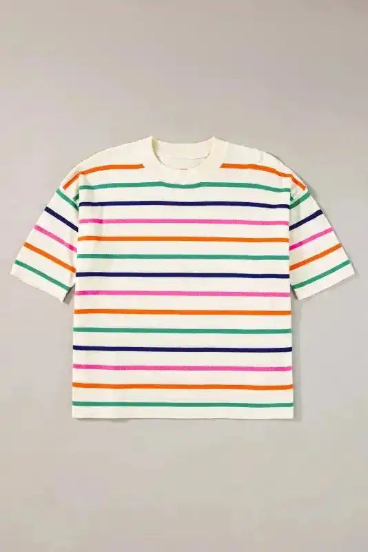 Summer Knit Top - Beige Stripe Dropped Short Sleeve Boxy Fit - Fashionfitz