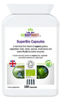 SuperBio Vegan Organic Greens Capsules — spirulina, wheatgrass, barley grass and superfood blend, 60 capsules, BioBodyBoost UK