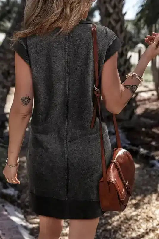 Sweatshirt Dress - Black Quarter Zip Pocketed Cap Sleeve - Fashionfitz