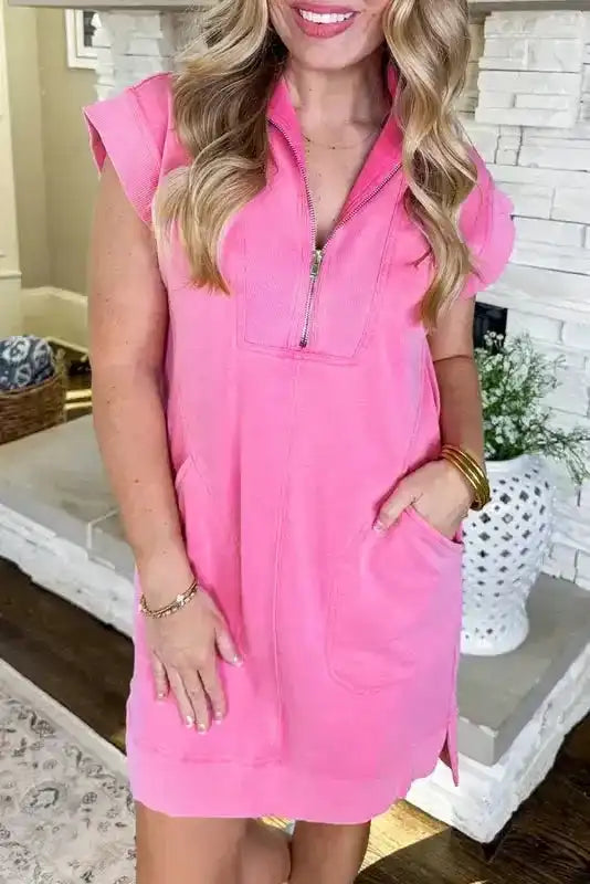 Sweatshirt Dress - Black Quarter Zip Pocketed Cap Sleeve - Fashionfitz