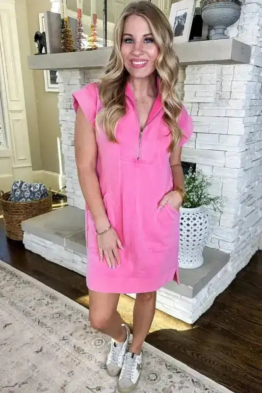 Sweatshirt Dress - Black Quarter Zip Pocketed Cap Sleeve - Fashionfitz