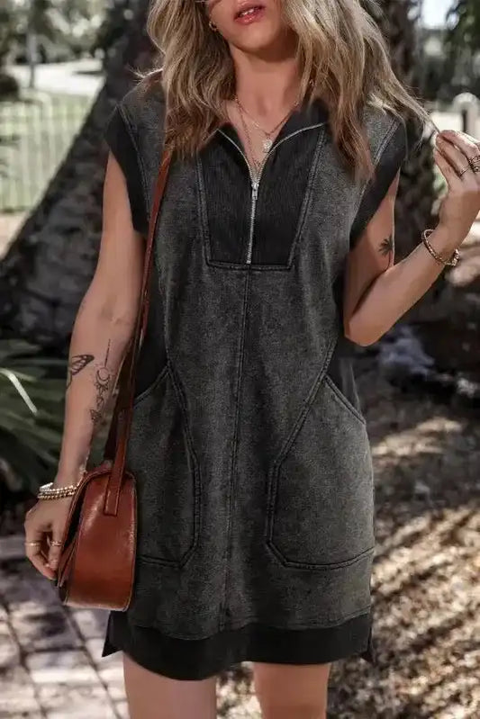 Sweatshirt Dress - Black Quarter Zip Pocketed Cap Sleeve - Fashionfitz