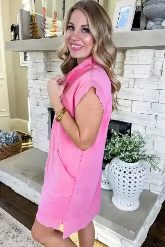 Sweatshirt Dress - Black Quarter Zip Pocketed Cap Sleeve - Fashionfitz