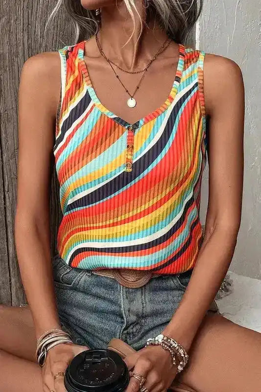 Tank Top - Wavy Striped Buttoned V-Neck - Fashionfitz